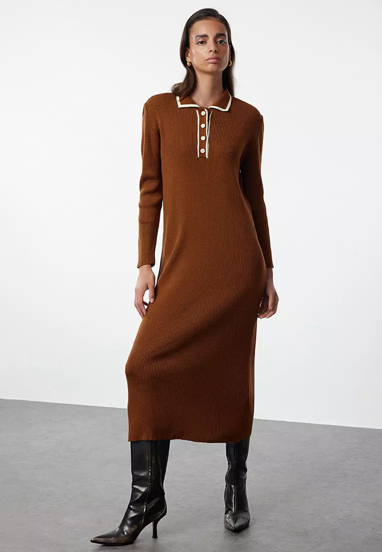 Brown Polo Button-Down Collared Knitted Dress Tctaw25Eb00044