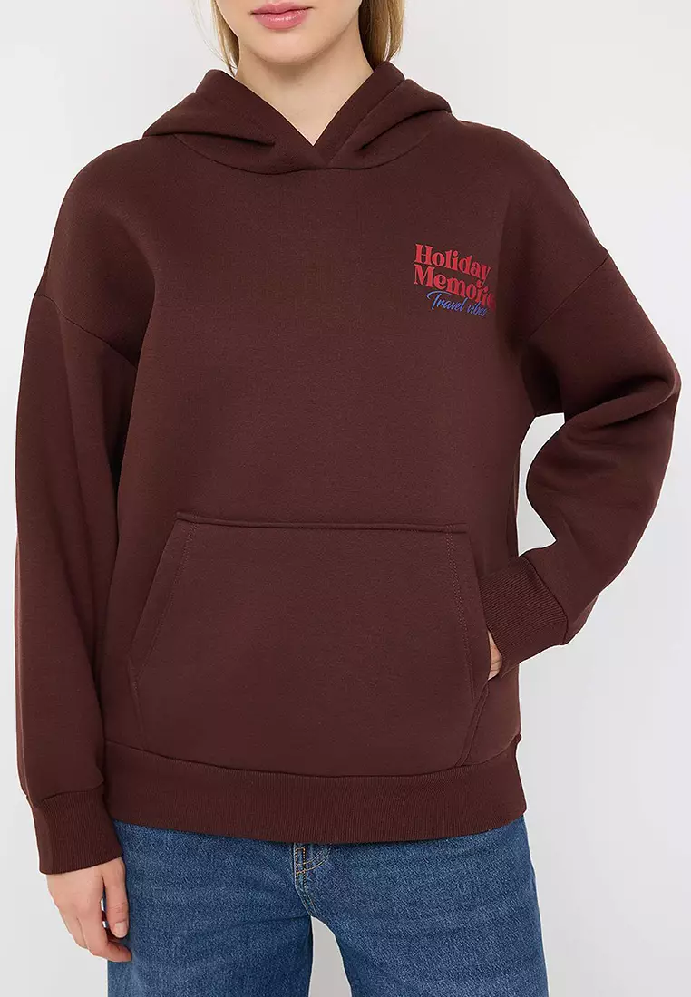 Teen Brown Back Printed Oversize Pattern Hooded Polar Fleece Knitted Sweatshirt