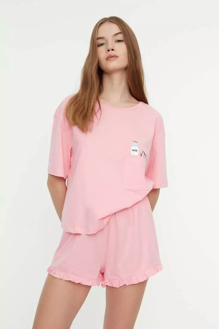 Graphic Plain with Frill Detail Pajamas Set