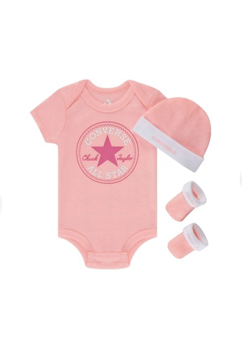 converse pink Converse Girl Newborn's Classic Chuck Taylor Patch Bodysuit, Socks and Cap Set (0 - 6 Months) - Arctic Punch C6D96KA7D384EBGS_1