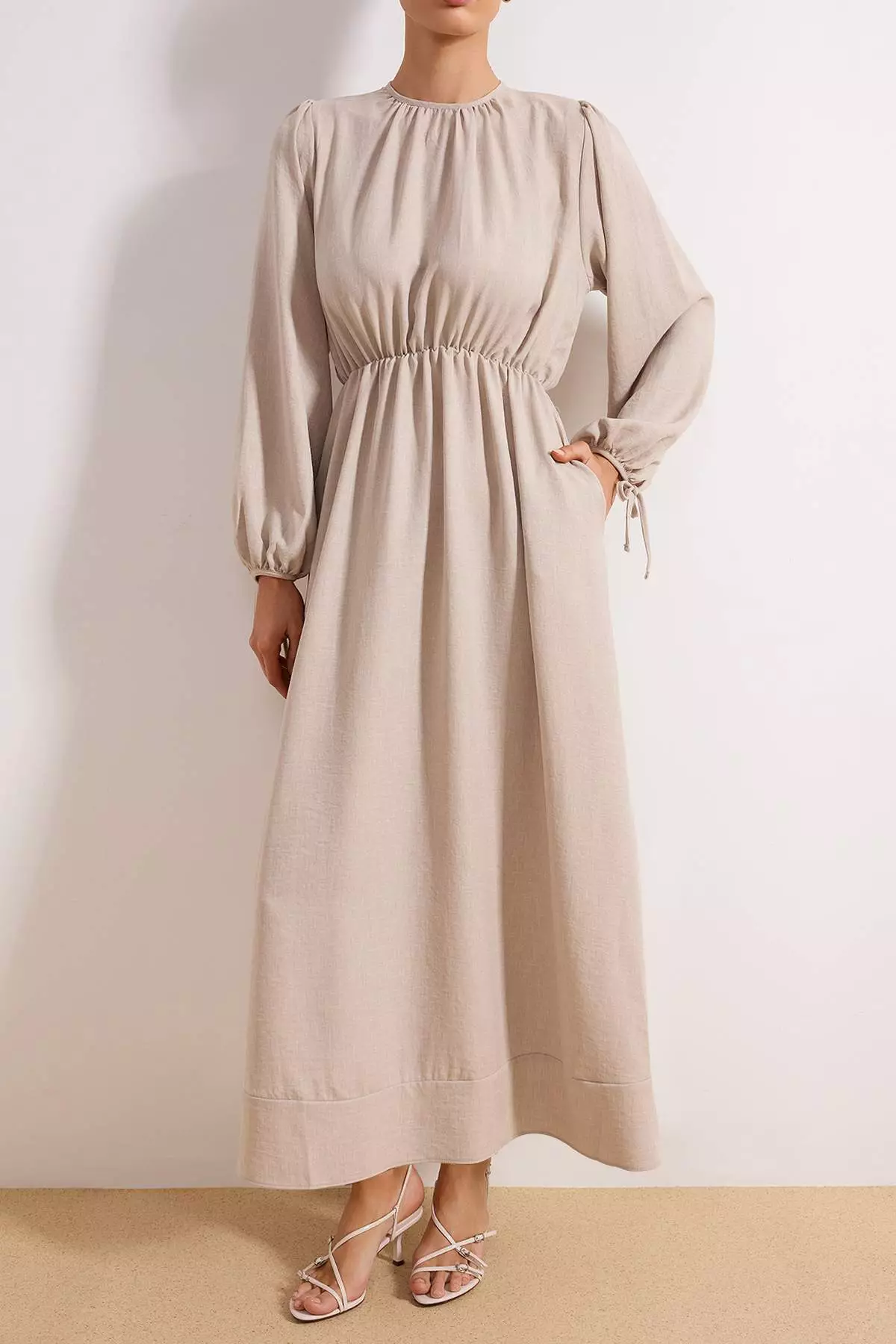 Stone Waist Elastic Woven Linen Look Dress Tctss26Eb00009