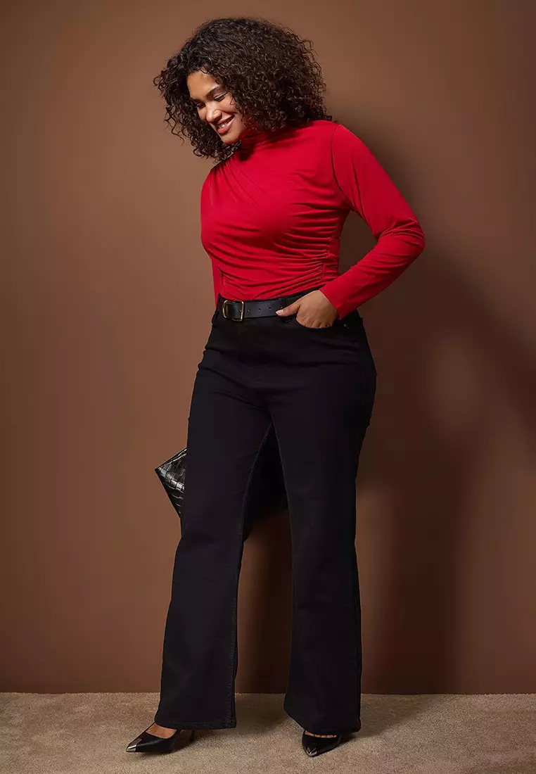 Red Sandy Ruched Detail Long Arm Knitted Large Size Blouse Tbbaw26Af00104