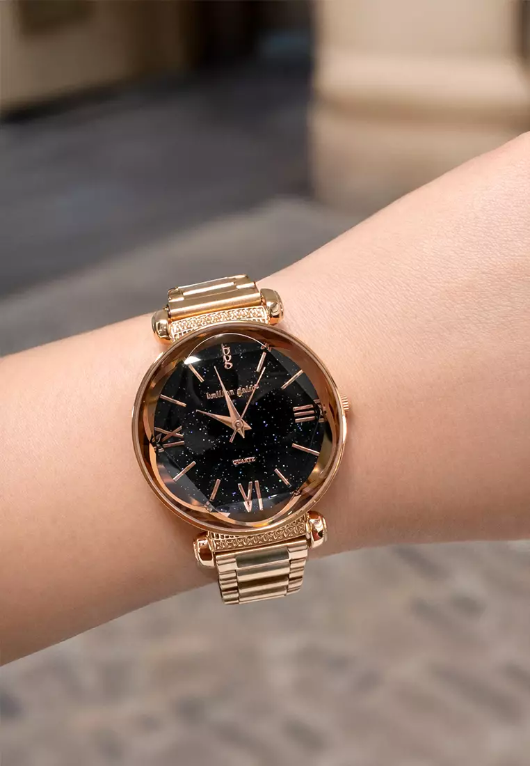 Romish Watch Embellished with Glittering Crystals - Rose Gold and Black