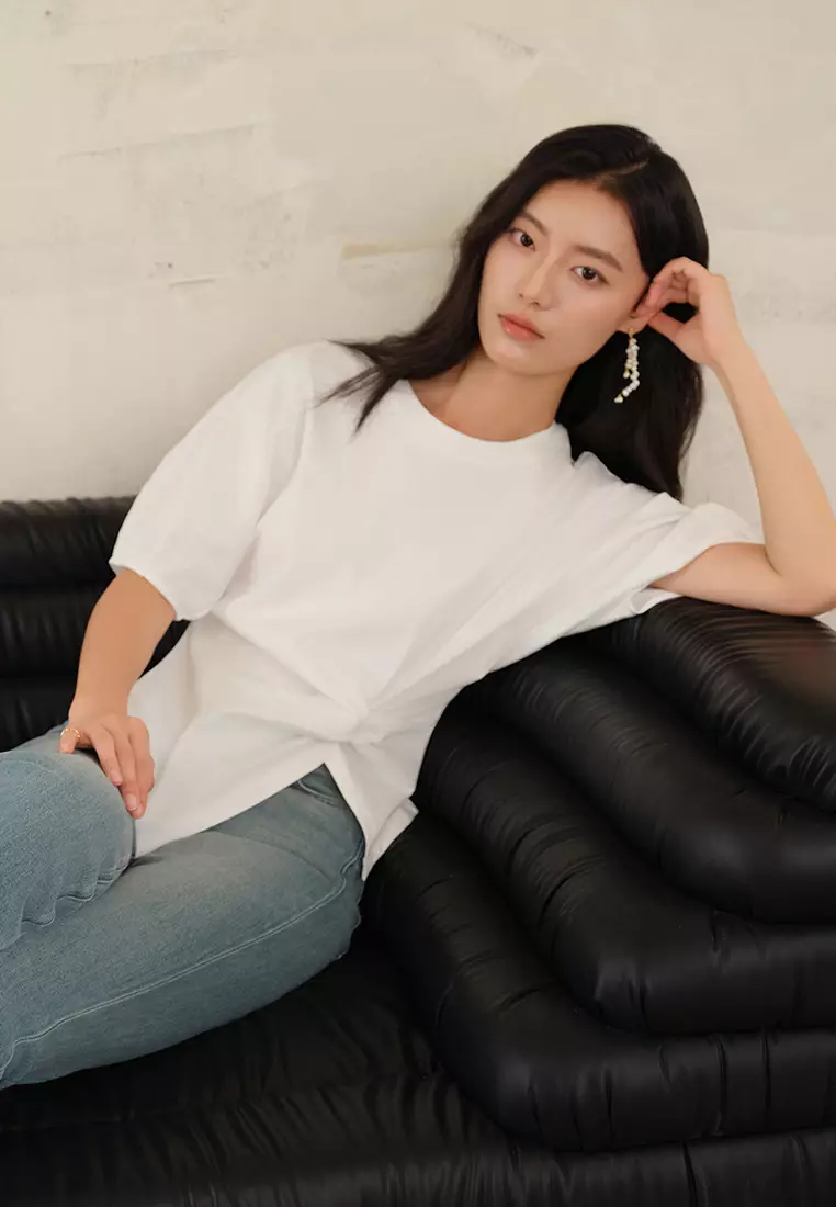 Summer knitted unique waist puff sleeve top CA25061716W