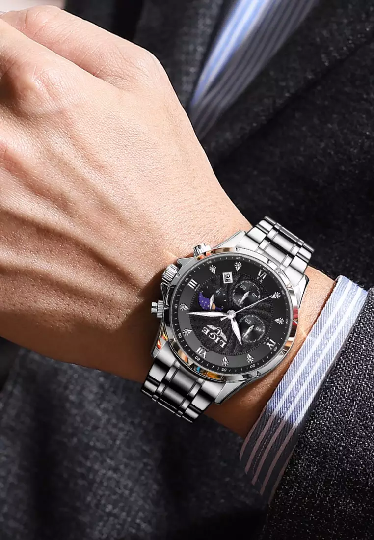 Chronograph Unisex Stainless Steel Quartz Watch, black dial, on Steel Bracelet