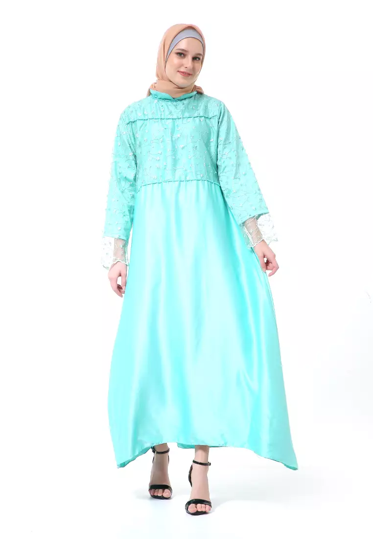 Erica Gamis Dress Muslimah Lengan Panjang Aksen Mutiara Fashion Wanita - Mint