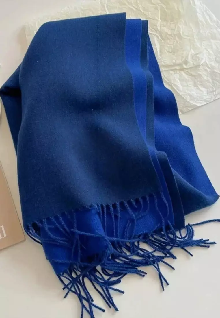 Double Side Plain Cashmere Virgin wool Pashmina Syal Wanita Dua Sisi Soft Royal Blue