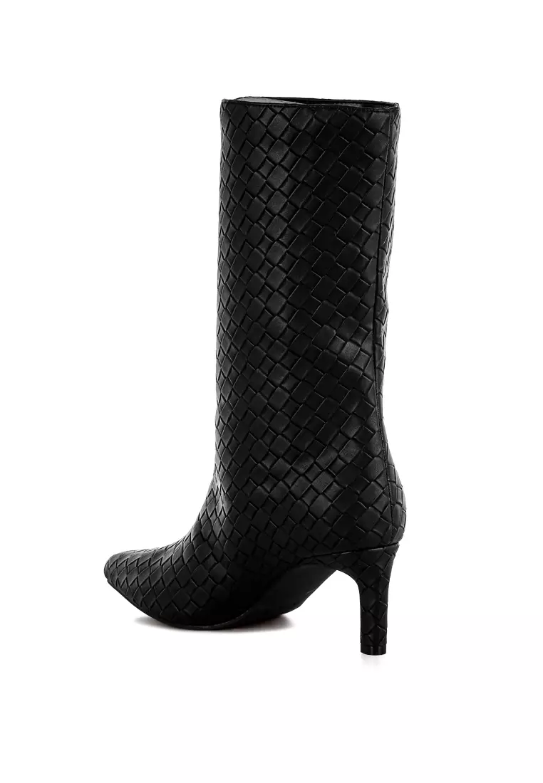 Woven Faux Leather Boots in Black