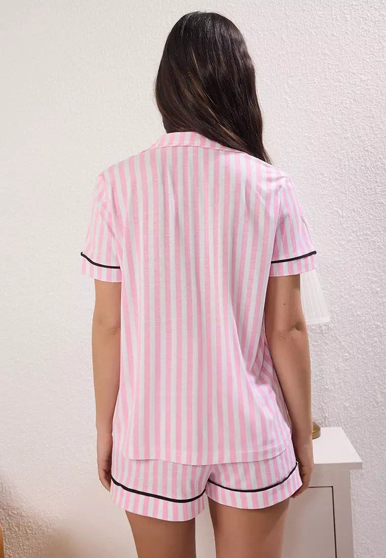 Pink Striped Knitted Pajama Set with Shorts THMSS25PT00416
