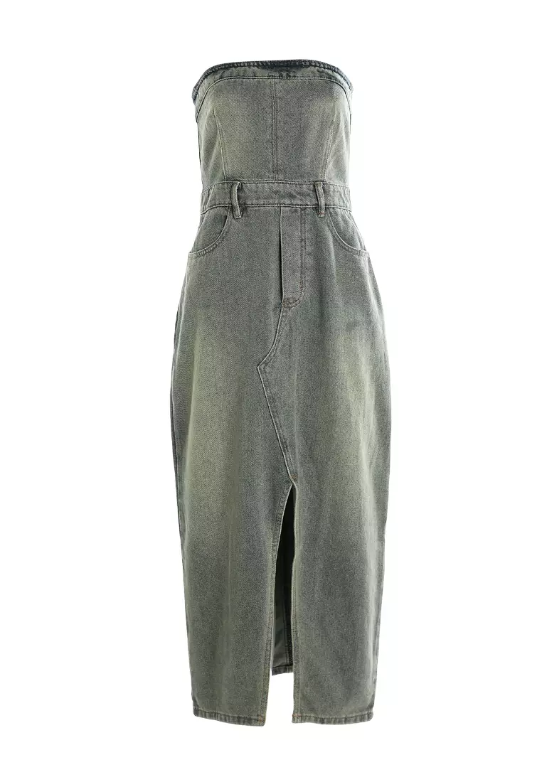 Vintage Wash Strapless Midi Dress