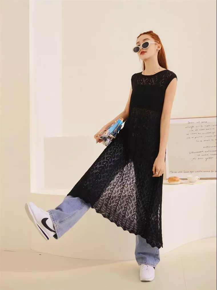 Lace Carved See through Slit Sleeve Outer Long Dress FA2739