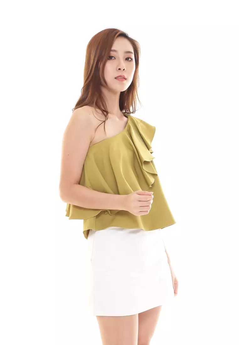 Ella Ruffle Sleeves Top in Olive Mustard