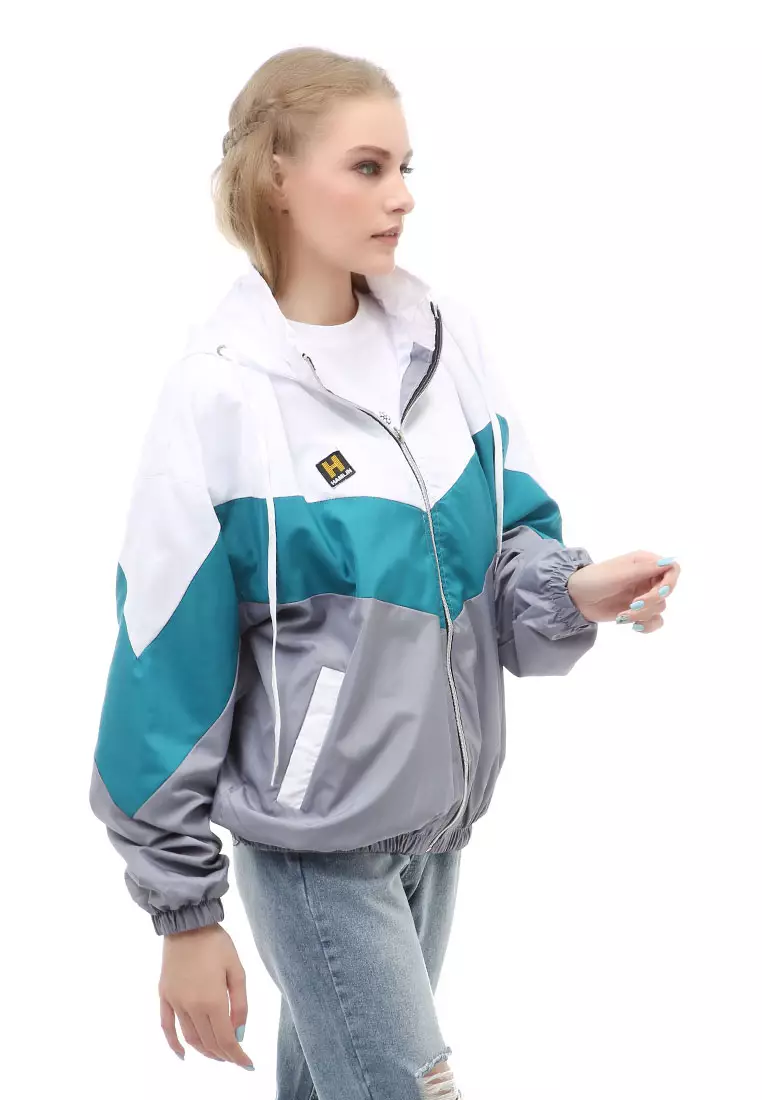 Hardwin Jacket Outer Wanita Hoodie Kombinasi 3 Warna Material Parasut Despo ORIGINAL - White Tosca Gray