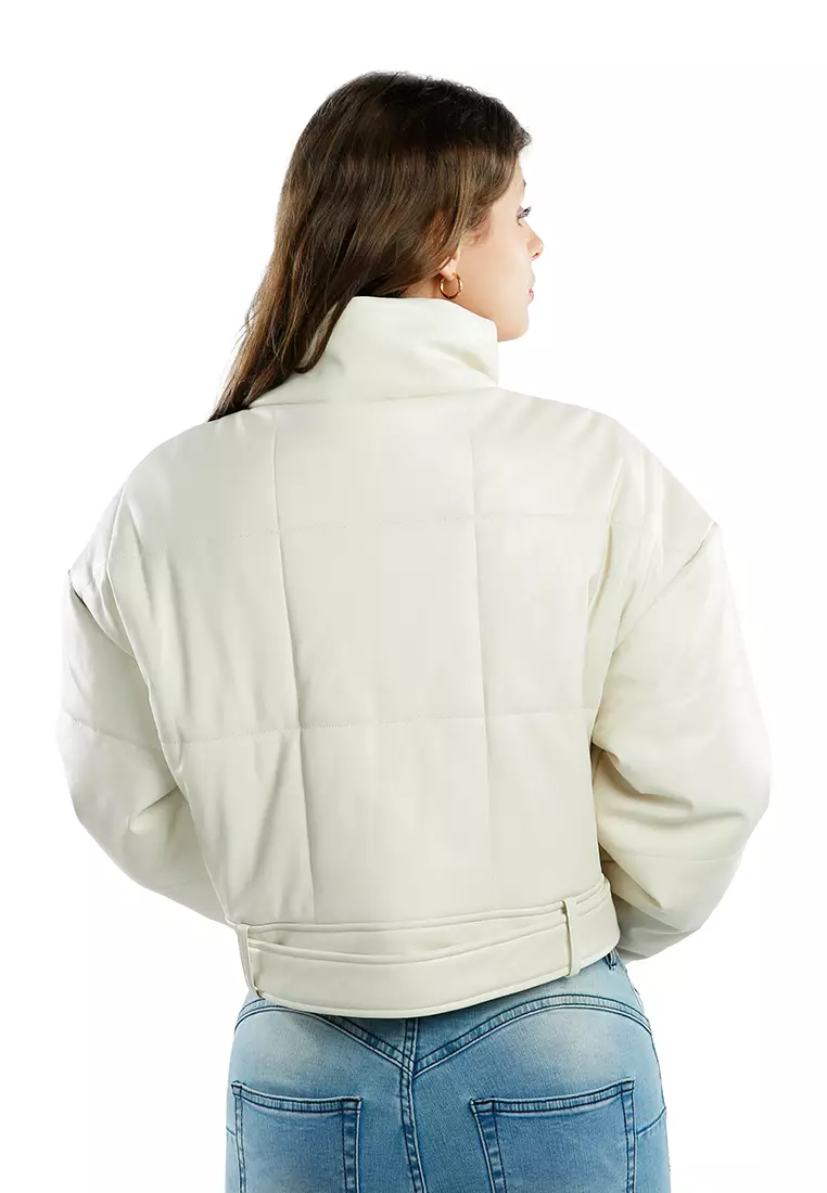 Jaket Puffer Cropped Belted Cream