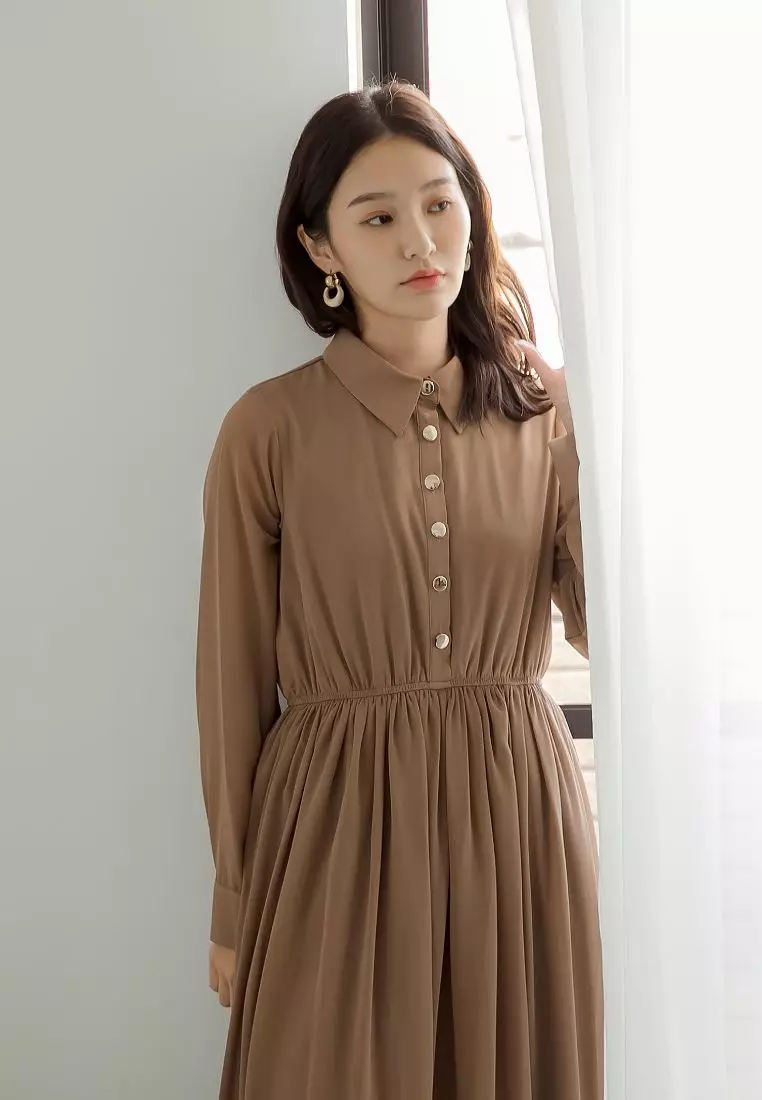 Chiffon Button-Down Shirt Collar Long Dress [DA8044]