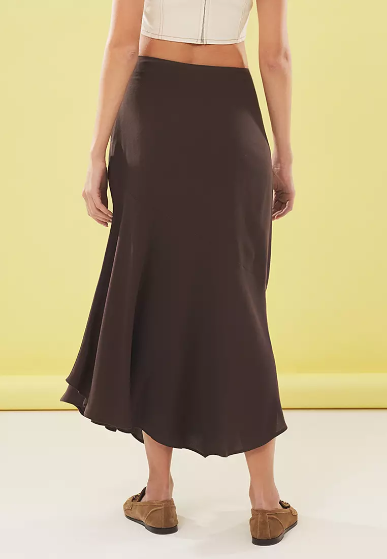 Flowy Fabric Hem Asymmetrical Midi Skirt
