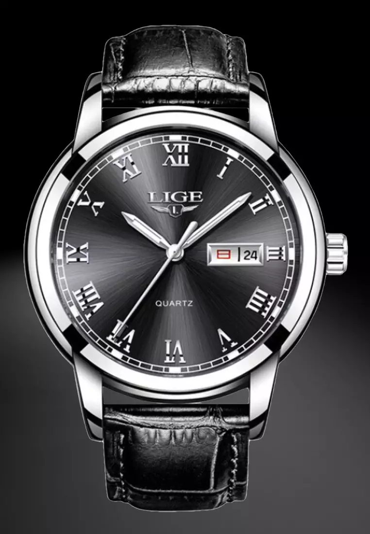 Unisex Classic Day/Date Stainless Steel Quartz Watch, Black dial, on Black Leather Strap