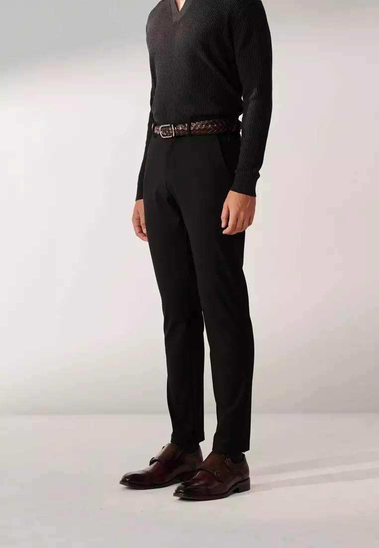 Black Slim-Fit Four-Way Stretch Casual Pants