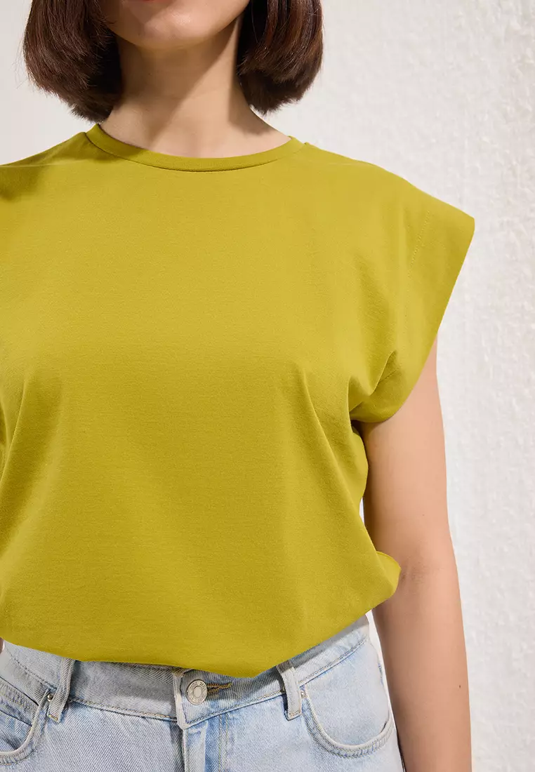 Oil green 100% Cotton Wadding Look Basic Crew Neck Knitted T-Shirt TWOSS20TS0021