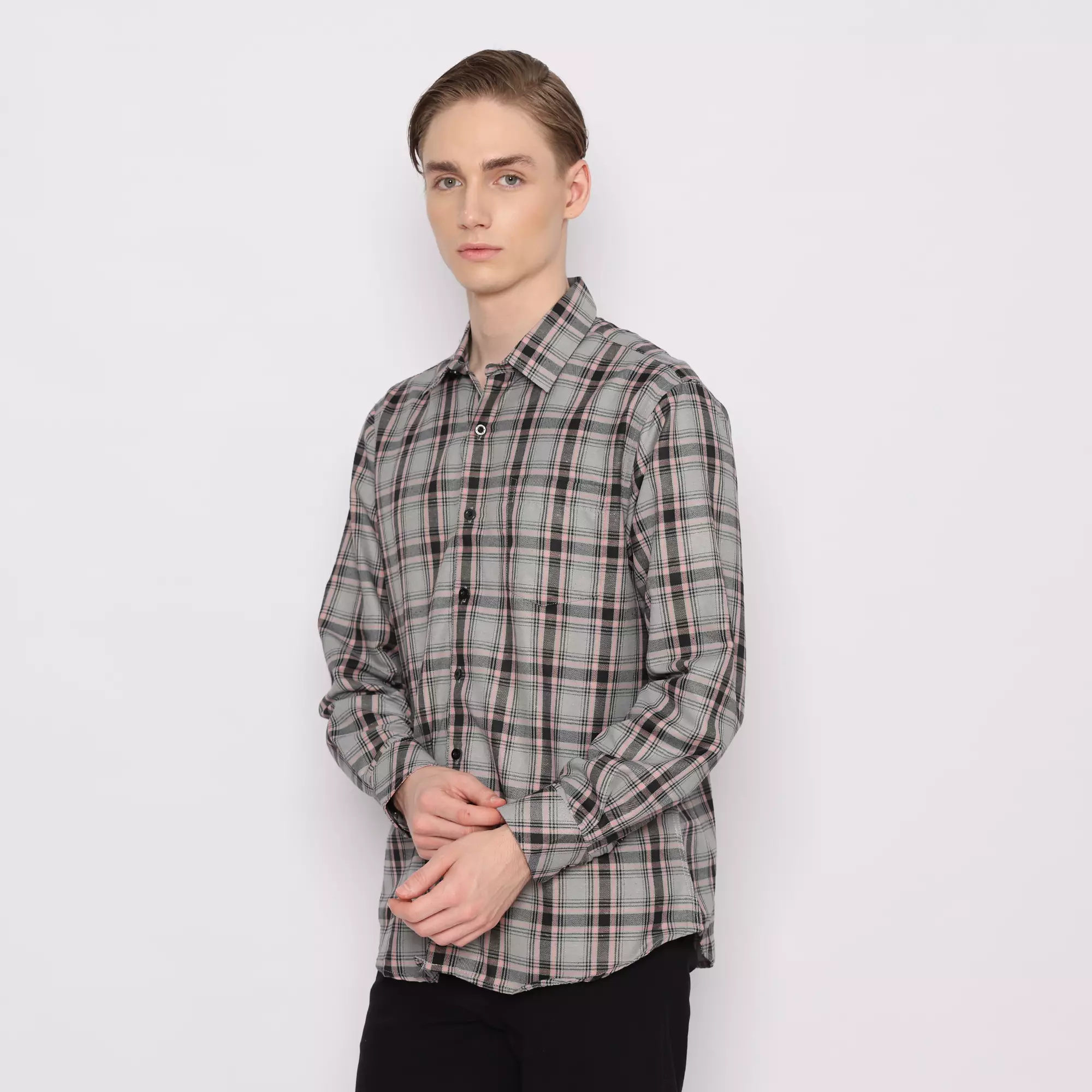 Platini Kemeja Kotak Pria Lengan Panjang Abu 76351