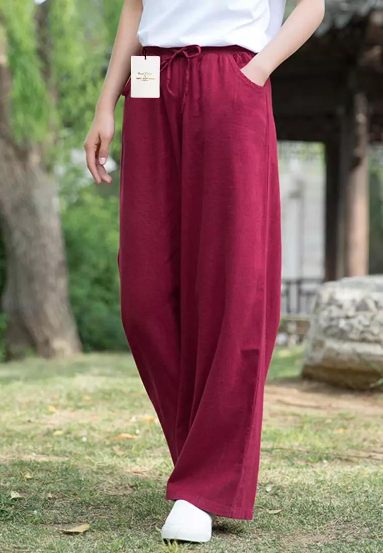 Drawstring Waist Linen Wide-leg Pants BXF2363