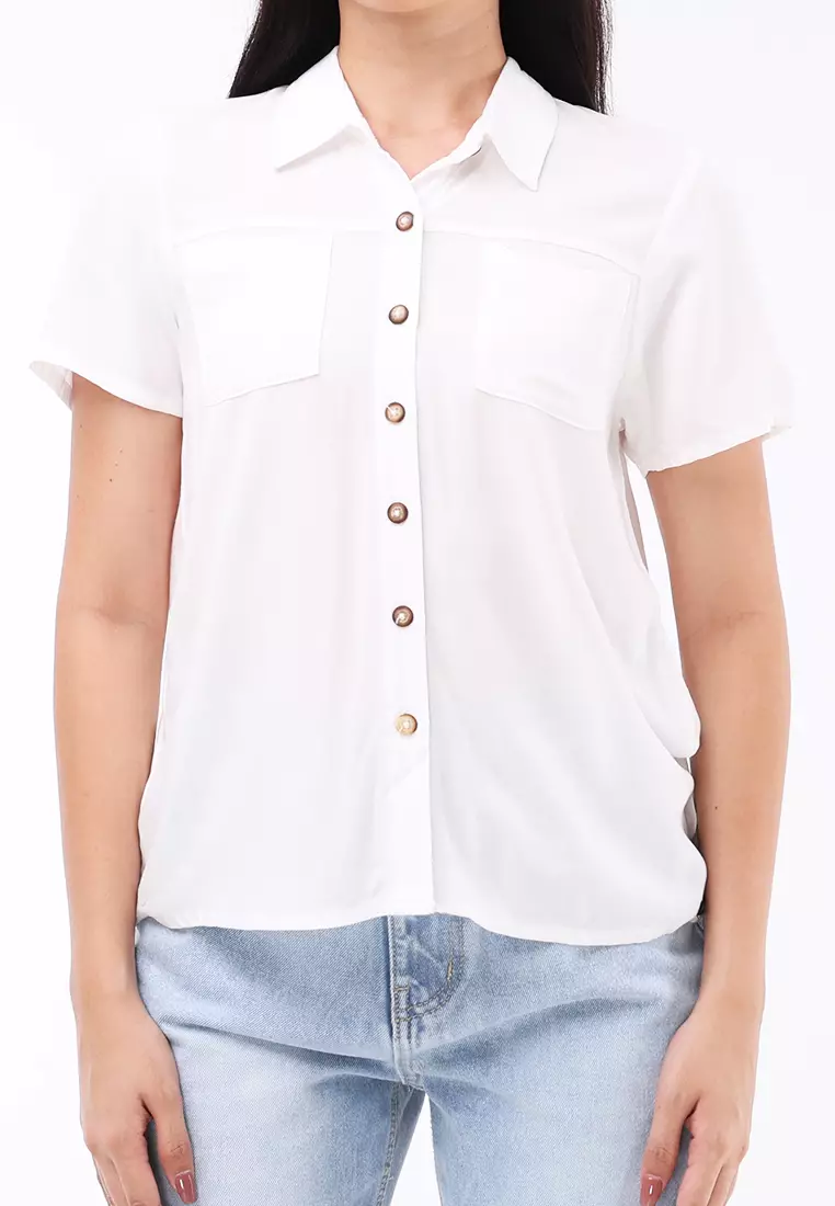 Woven Plain Rayon Short Sleeves Blouse