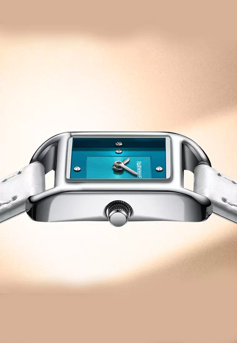 Ladies Stainless Steel Quartz Watch, 22mm, Blue Dial, White Leather Strap