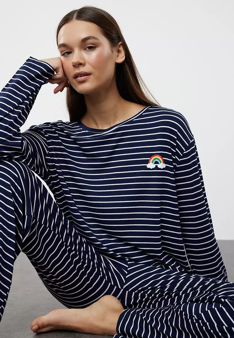 Navy Blue Striped Rainbow Printed Viscose Knitted Pajama Set THMAW25PT00014