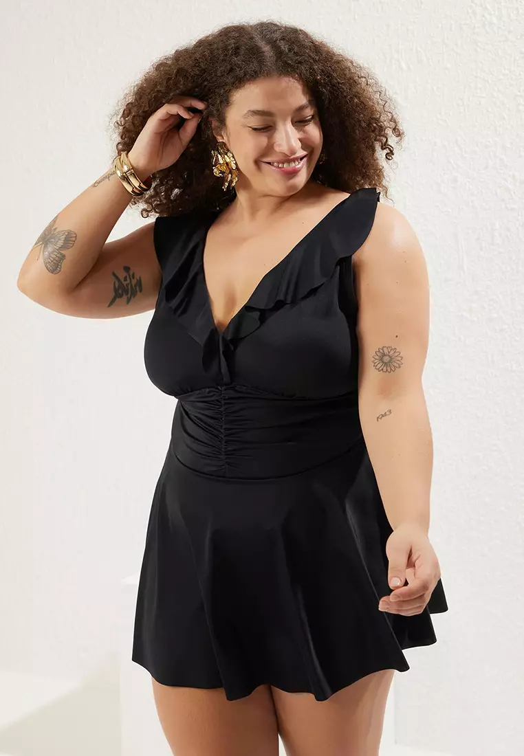 Black Collar with Ruffle Detail Pleated Waist Skirted Plus Size Swimsuit TBBSS25AM00018
