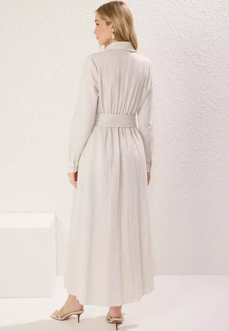 Beige Belted Woven Shirt Dress Tctss25Eb00068