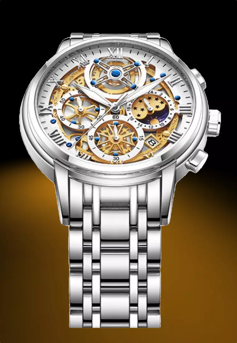 Skeleton Unisex Stainless Steel Chronograph Quartz watch 42mm on Steel Bracelet