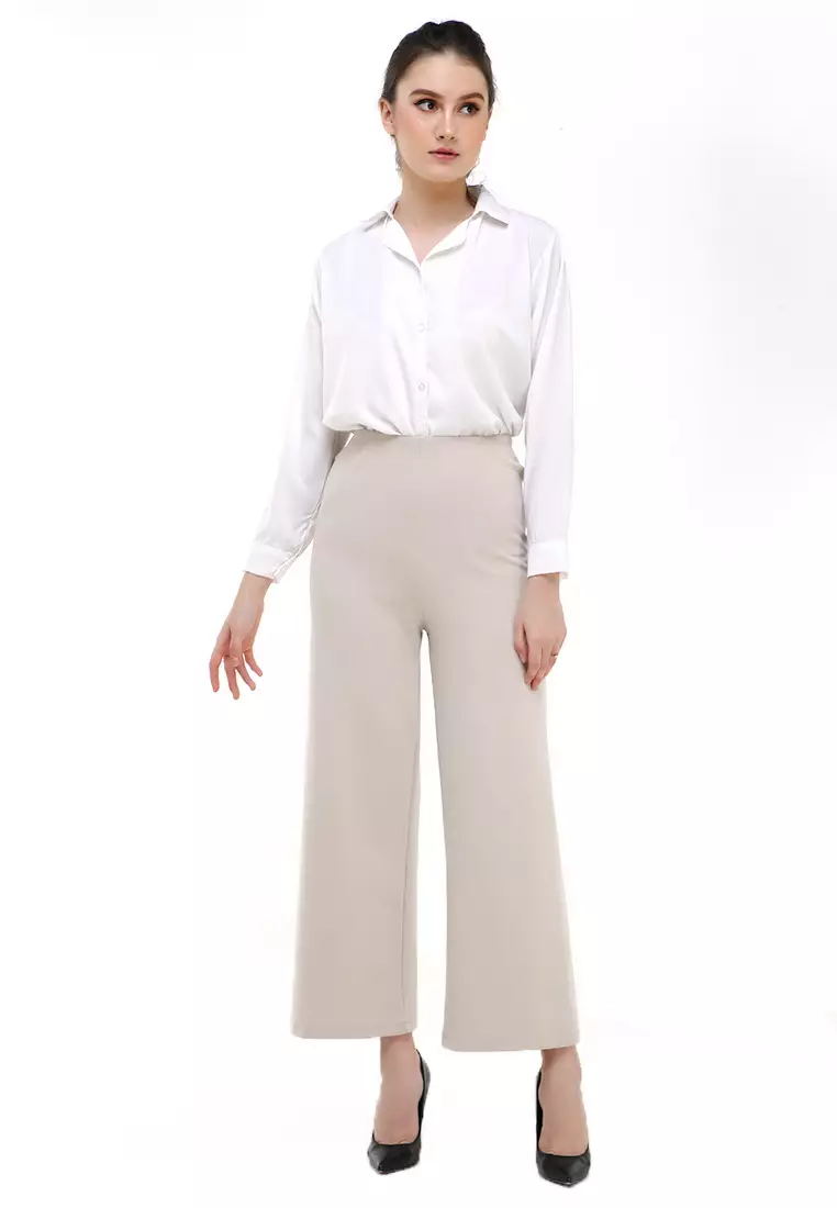 Kahla Culotte Trousers Zipper On The Back Bawahan Wanita Premium Quality - Cream