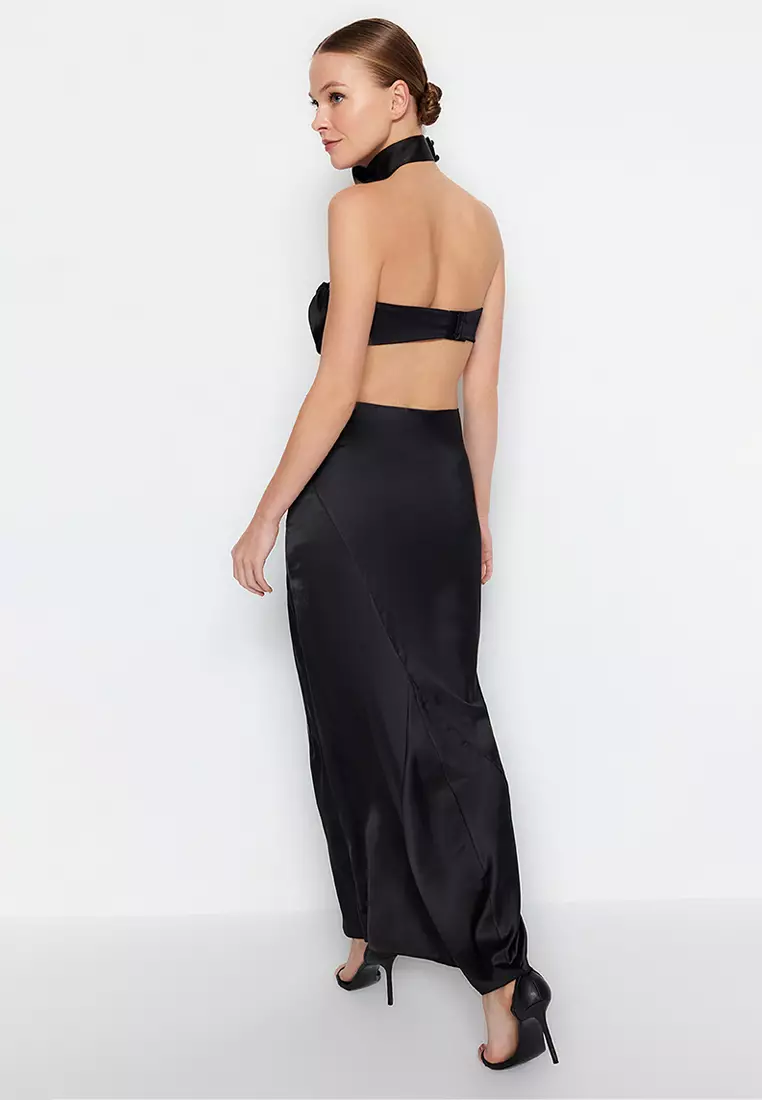 Black Woven Satin Long Skirt