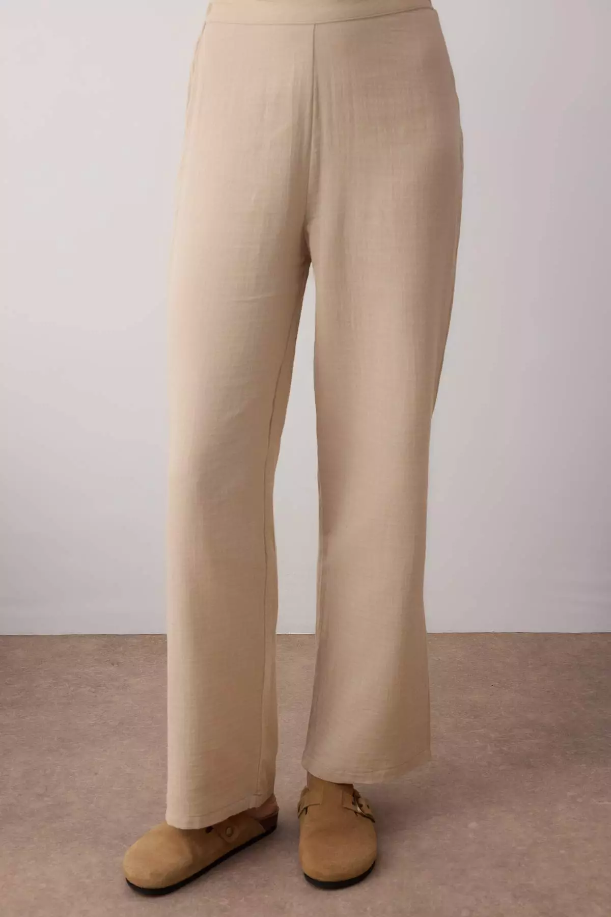 Beige 100% Cotton Tie Detailed Double Breasted Collar Muslin Woven Pajama Set Thmaw26Pt00022