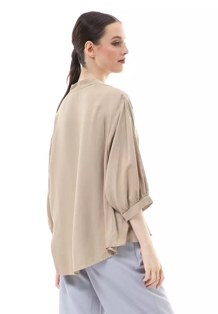 Ghita Kemeja Atasan Wanita Motif Polos Long Sleeve High Quality - Khaki