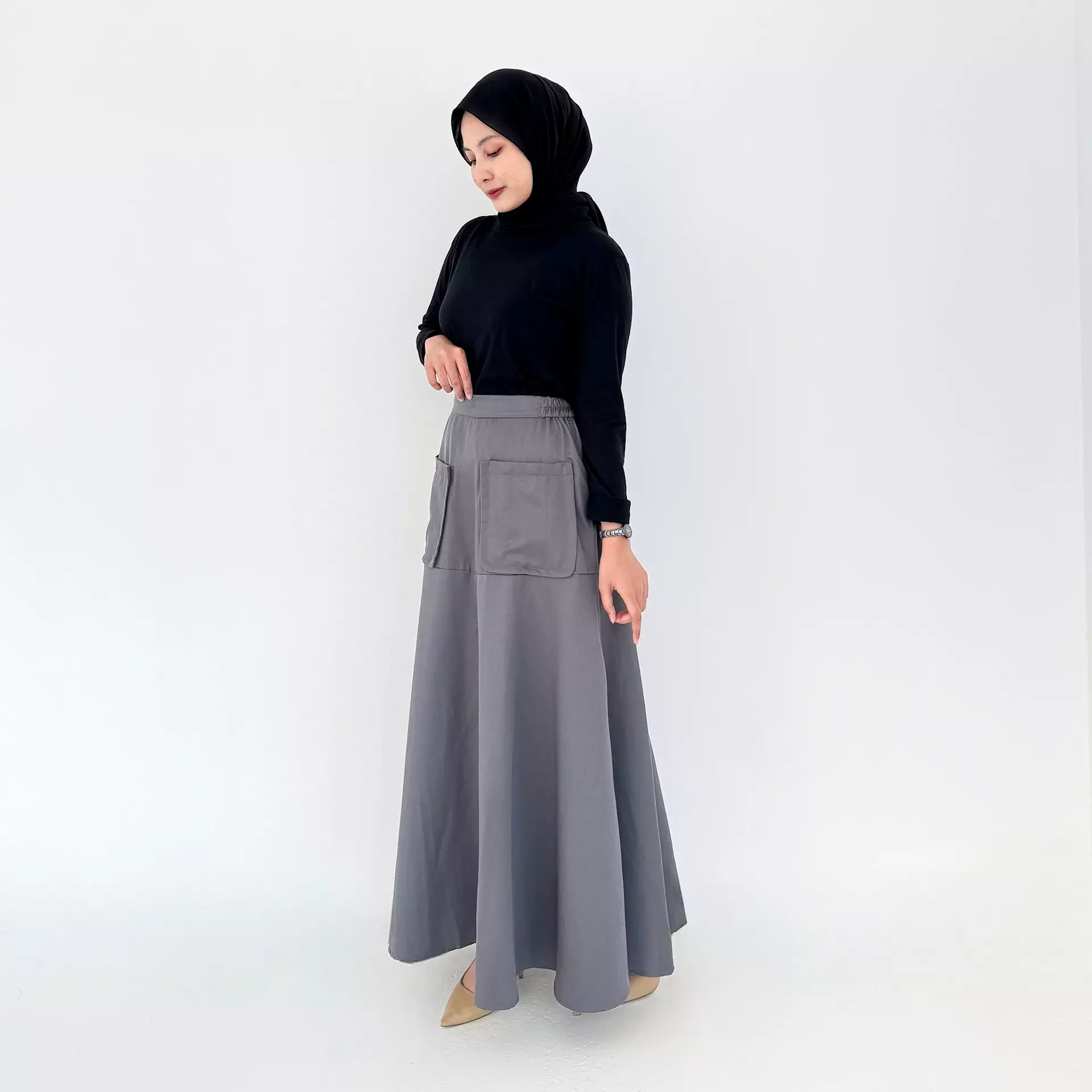 Flare Skirt Agatha (Rok Panjang Katun Wanita) Abu Tua