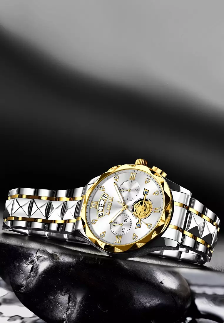 计时码表男女通用 IP 金色和不锈钢石英表，日期，不锈钢表带