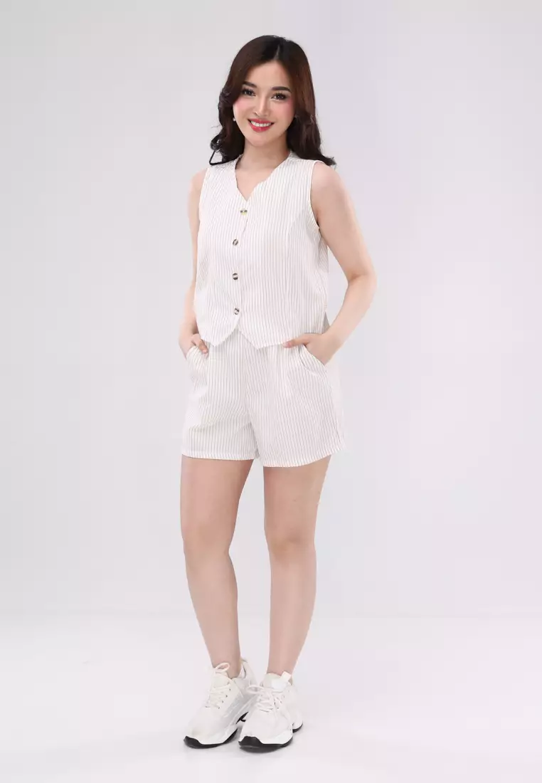 Stripes Cotton Sleeveless Blouse/Shorts Terno