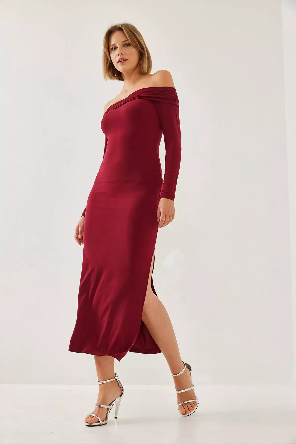 Women's Drape Detailed Madonna Collar Slit Dress 391 60251885