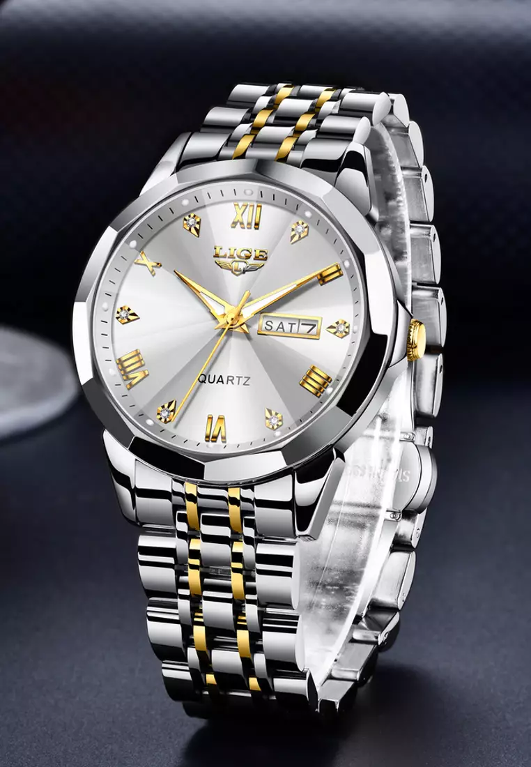 Unisex Stainless Steel Quartz Watch, Grey Dial, Day/Date, Stainless Steel Bracelet