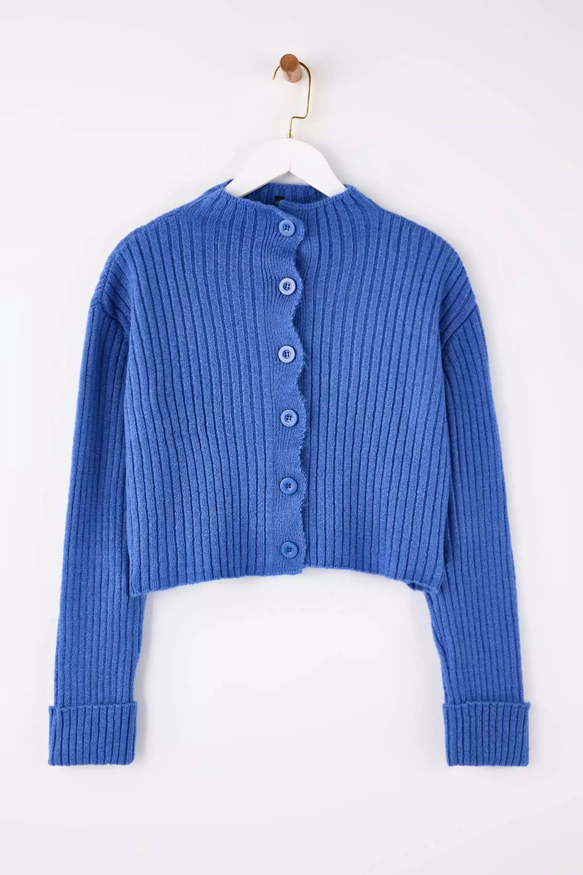Blue Crop Soft Textured Mock Neck Knitwear Cardigan Twoaw22Hi0174