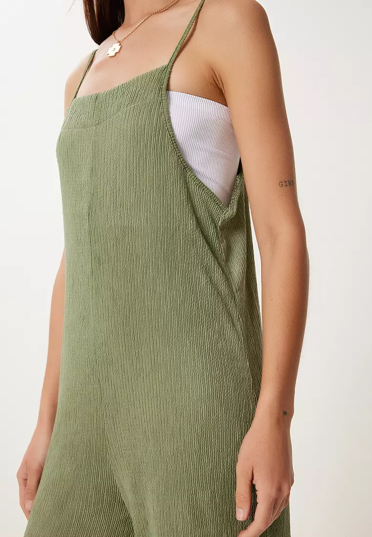 Women's Khaki Strappy Textured Knitted Jumpsuit Hk00046