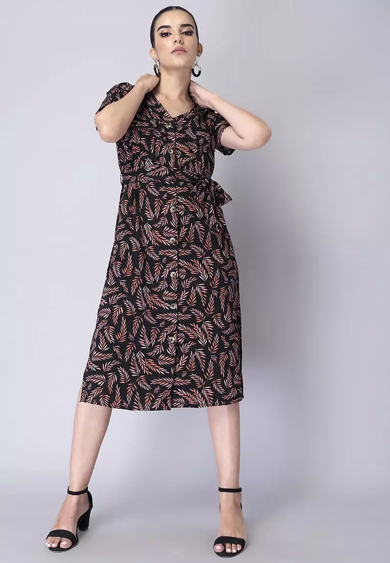 Black Tropical Button Down Belted Midi Dress