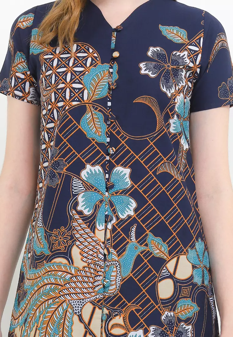 Dress Wanita Full Kancing Batik Furing Lining Alerica Navy Lengan Pendek