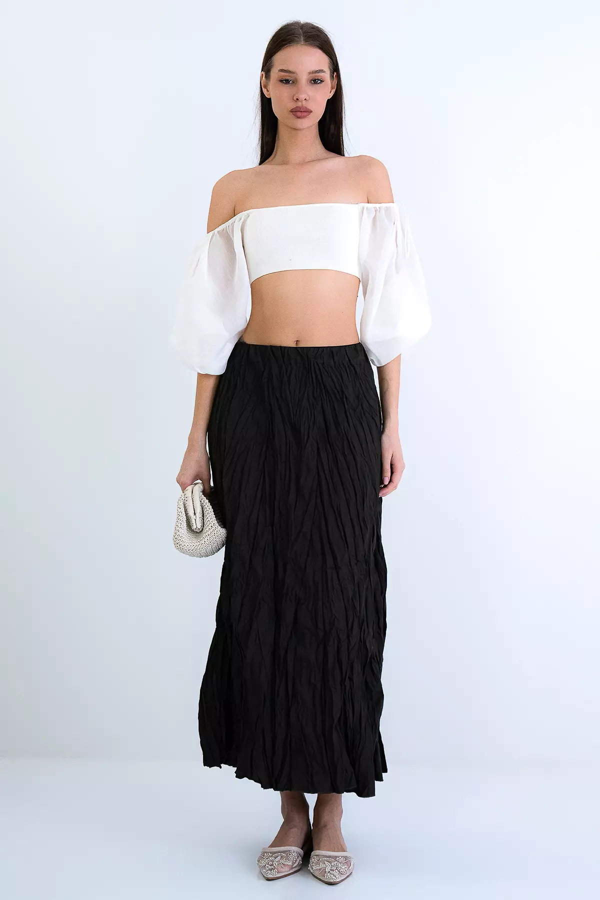 Khaki Soft Crush Textured Midi Skirt Alc-X15225