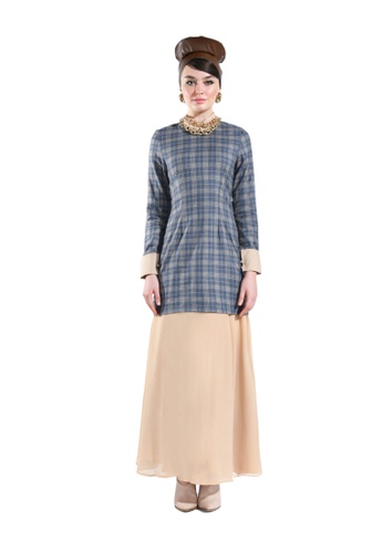 Zinnia Sand Tartan Modern Kurung with Flare Skirt from Hernani in Grey and Brown