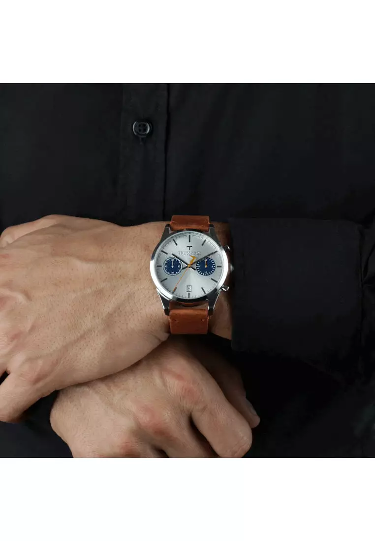 【2 Years Warranty】Trussardi T-Genus 40mm Brown Leather Men's Chronograph Quartz Watch R2471613004