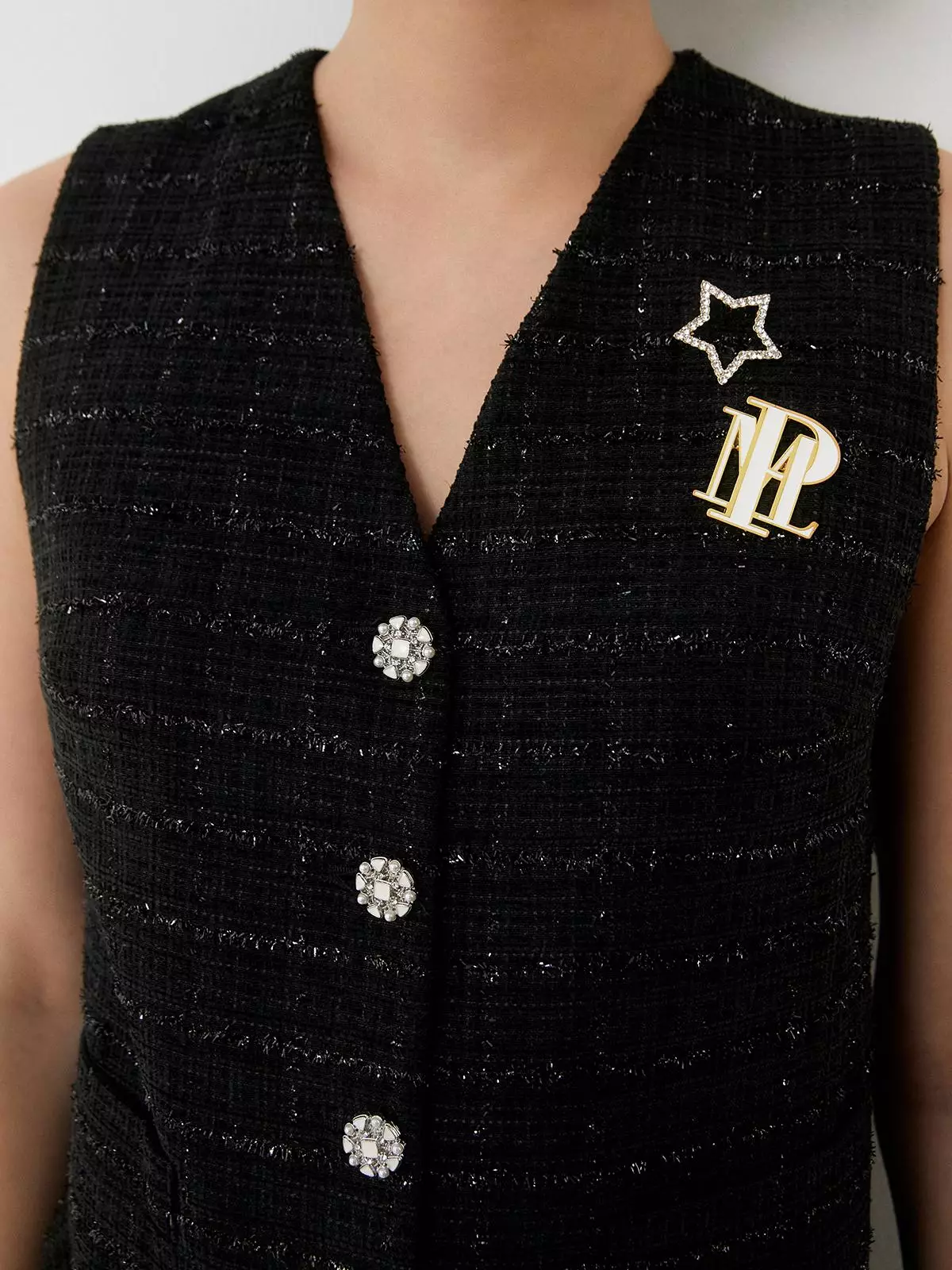 Pomelo - Vest Wanita - Tweed Vest with Iconically YOU Pin - Black