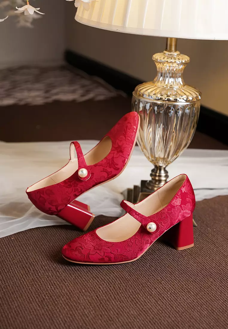 7CM Pearl Strap Cotton Print Mary Jane Shoes BY664-58