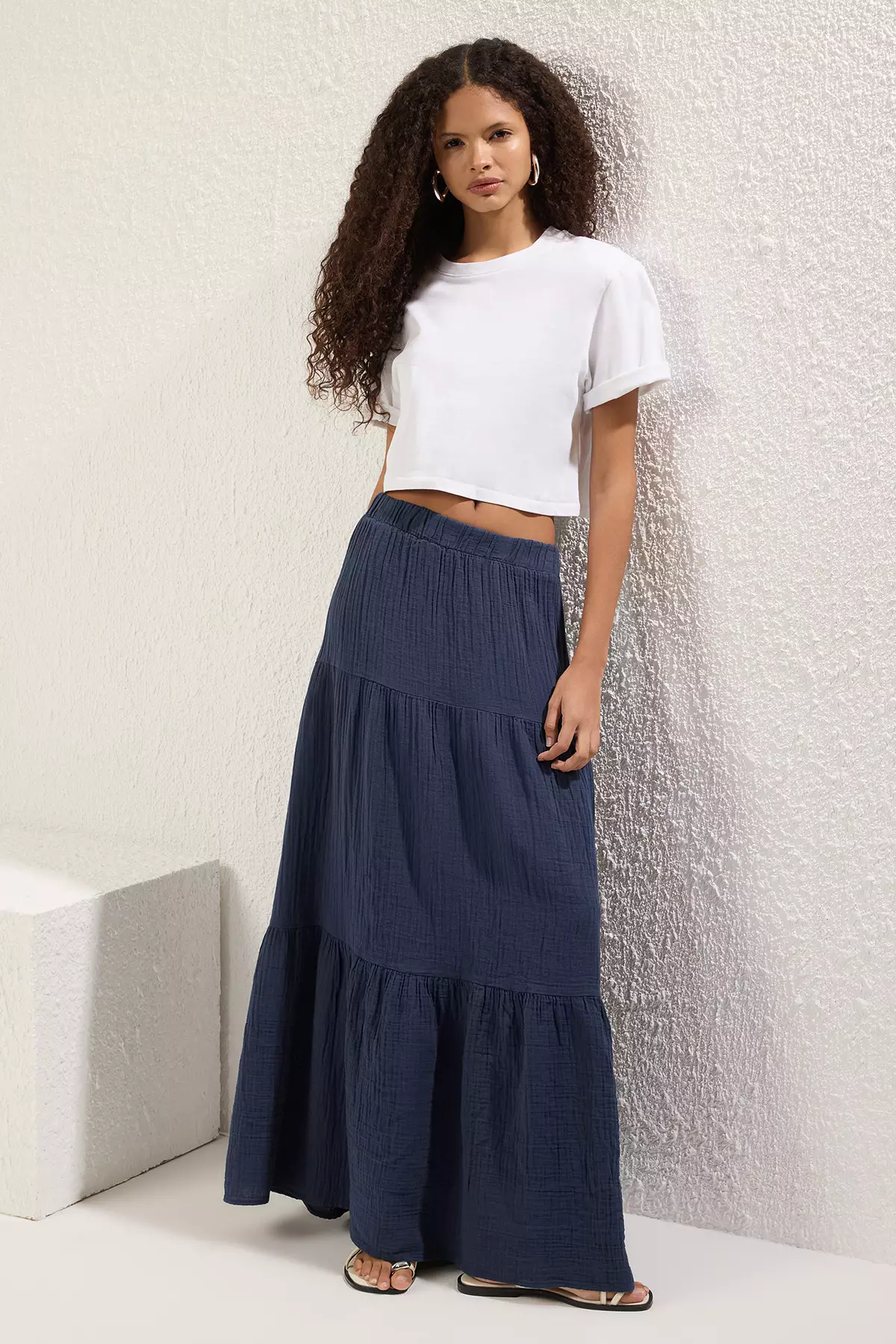 Navy Blue 1% Cotton Muslin Long Maxi Skirt Twoss25Et174